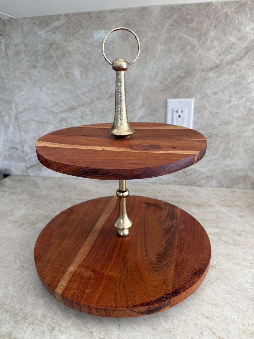 Wood Two-Tier Serving Stand with Gold Handle - Brown